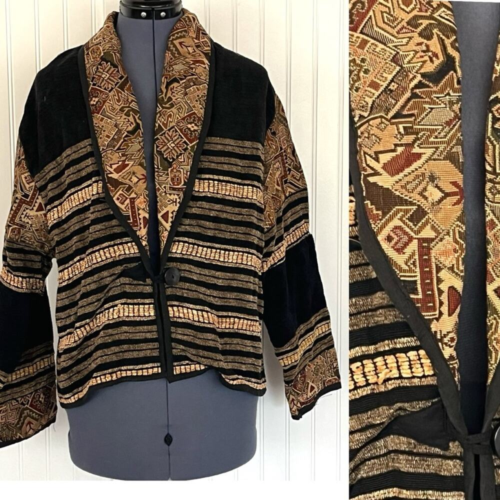 Vintage 90s Hippie Bohemian Tapestry Jacket Woven Patterned Earth Tone Chenille
